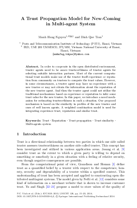 (PDF) A Trust Propagation Model for New-Coming in Multi-agent System