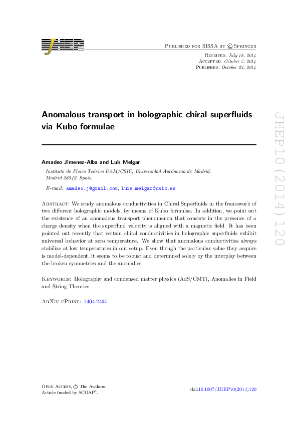 (PDF) Anomalous transport in holographic chiral superfluids via Kubo ...