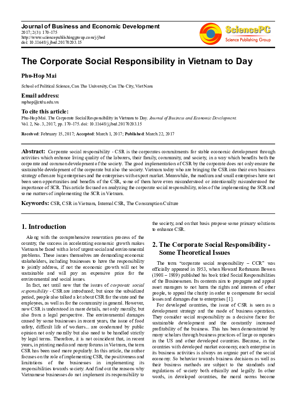 (PDF) Corporate social responsibility in Vietnam : Determinants and effects
