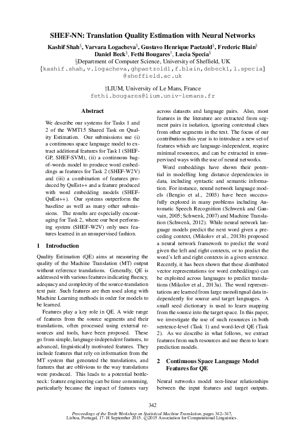 (PDF) SHEF-NN: Translation Quality Estimation with Neural Networks