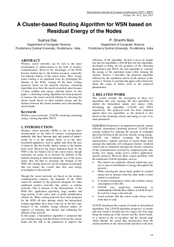 (PDF) A Cluster-based Routing Algorithm for WSN based on Residual ...