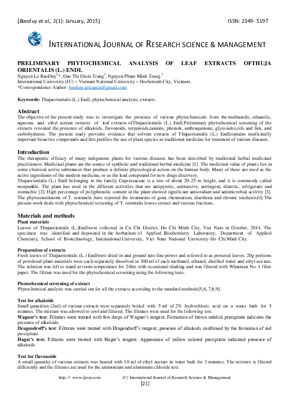 (PDF) Preliminary Phytochemical Analysis of Leaf Extracts Ofthuja ...