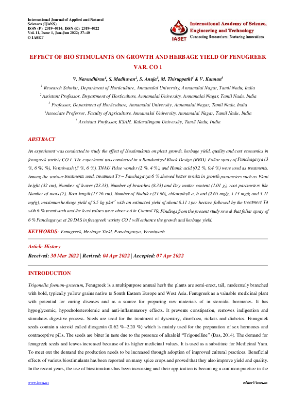 (PDF) . IJANS Format EFFECT OF BIO STIMULANTS ON GROWTH AND HERBAGE ...