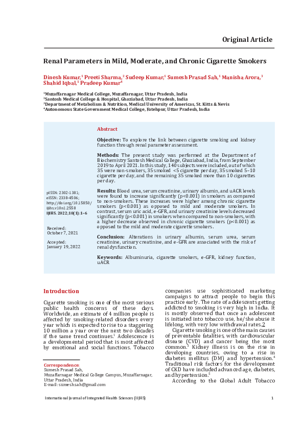 (PDF) Renal Parameters in Mild, Moderate, and Chronic Cigarette Smokers