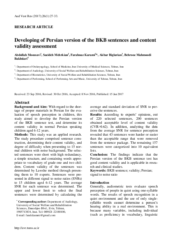 (PDF) Developing of Persian version of the BKB sentences and content ...