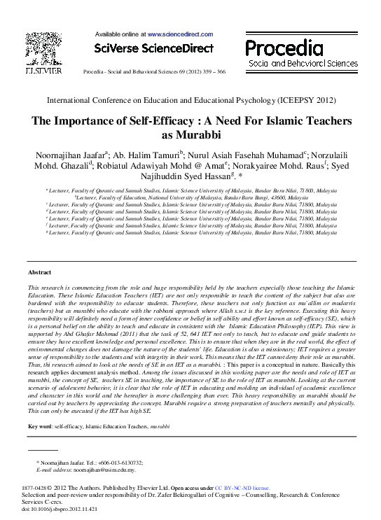 (PDF) The Importance of Self-Efficacy: A Need for Islamic Teachers as ...
