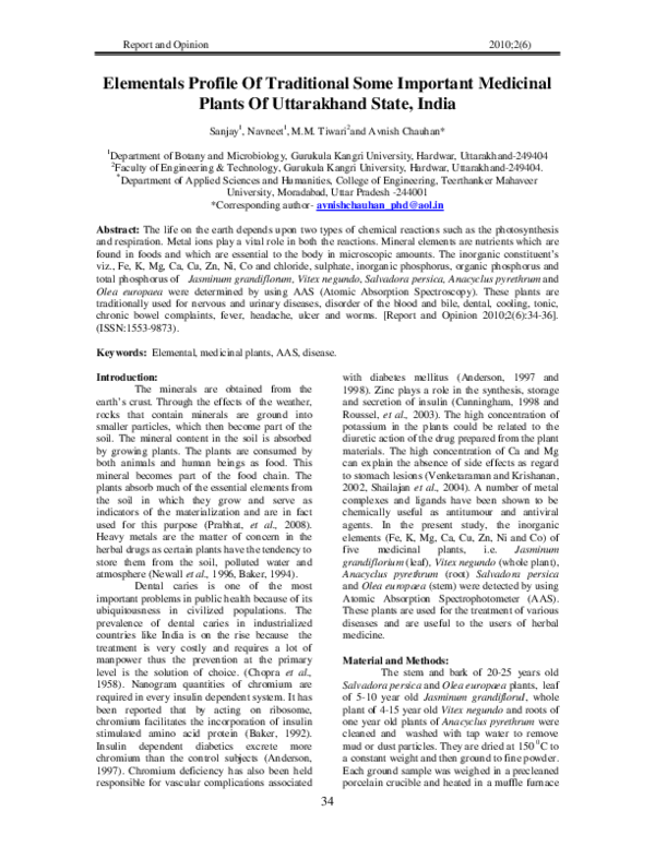 (PDF) Elementals Profile Of Traditional Some Important Medicinal Plants ...