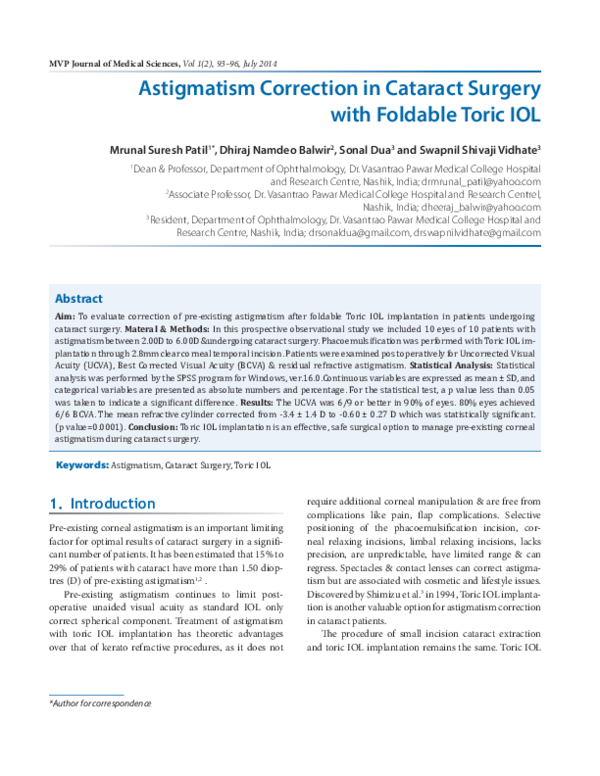 (PDF) Astigmatism Correction in Cataract Surgery with Foldable Toric IOL