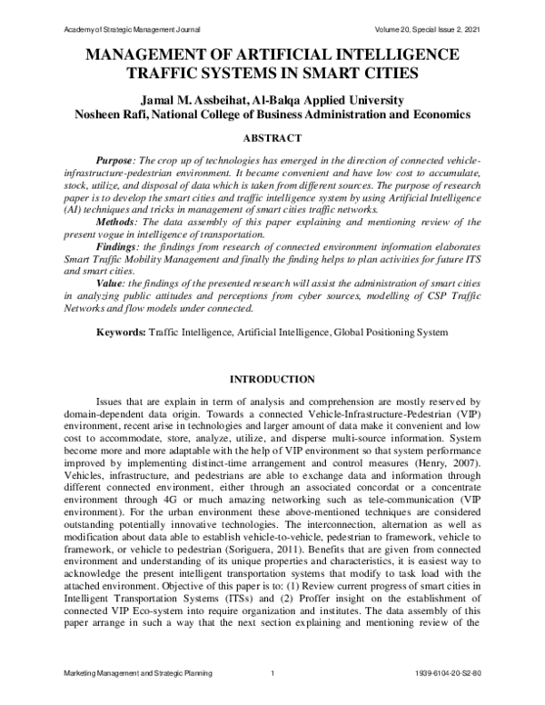 (PDF) Management of Artificial Intelligence Traffic Systems in Smart Cities