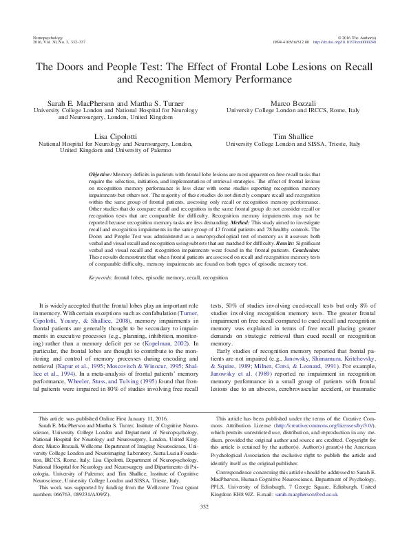 (PDF) The Doors and People Test: The Effect of Frontal Lobe Lesions on ...