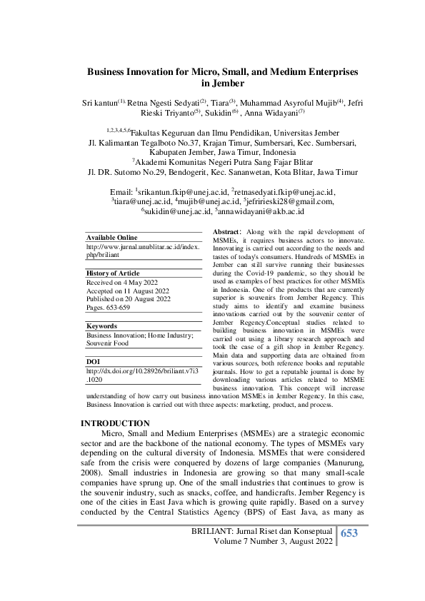 (PDF) Business Innovation for Micro, Small and Medium Enterprises in Jember