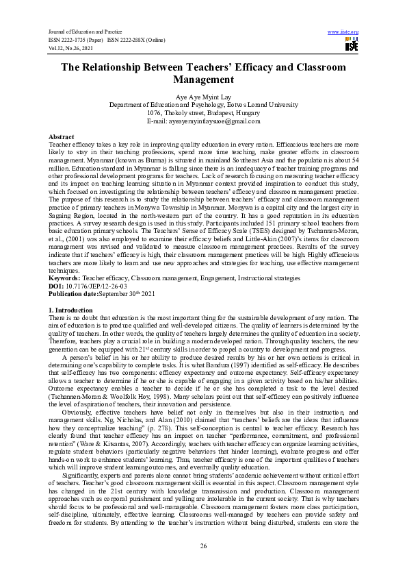 (PDF) The Relationship Between Teachers’ Efficacy and Classroom Management