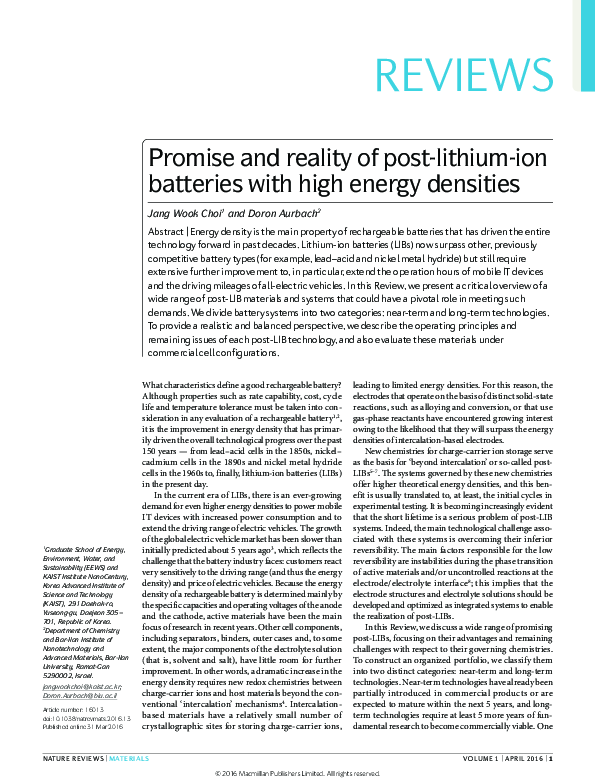 (PDF) Promise and reality of postlithiumion batteries with high