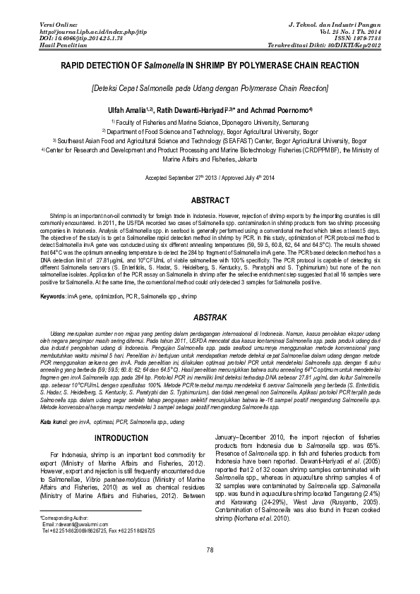 (PDF) RAPID DETECTION OF Salmonella IN SHRIMP BY POLYMERASE CHAIN REACTION