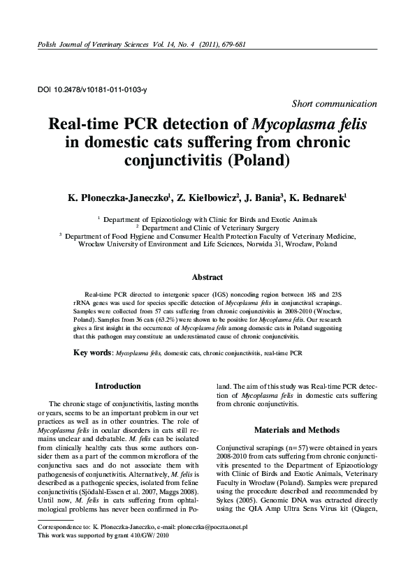 (PDF) Realtime PCR detection of Mycoplasma felis in domestic cats