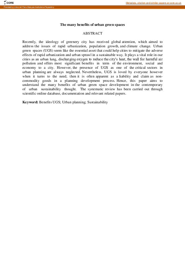 (PDF) The Many Benefits of Urban Green Spaces