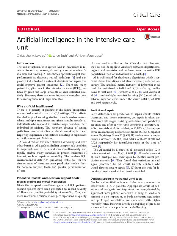 (PDF) Artificial intelligence in the intensive care unit