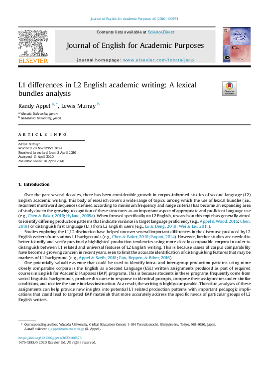 (PDF) L1 differences in L2 English academic writing: A lexical bundles ...