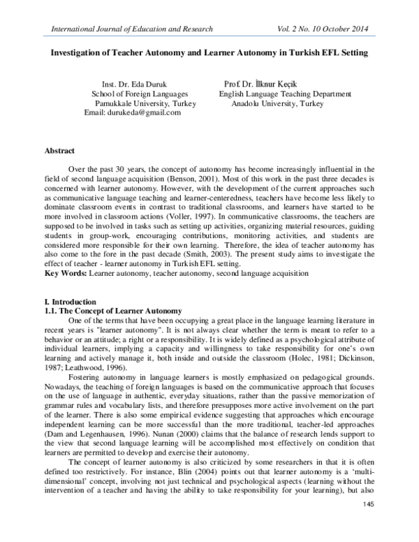 (PDF) Investigation of Teacher Autonomy and Learner Autonomy in Turkish ...