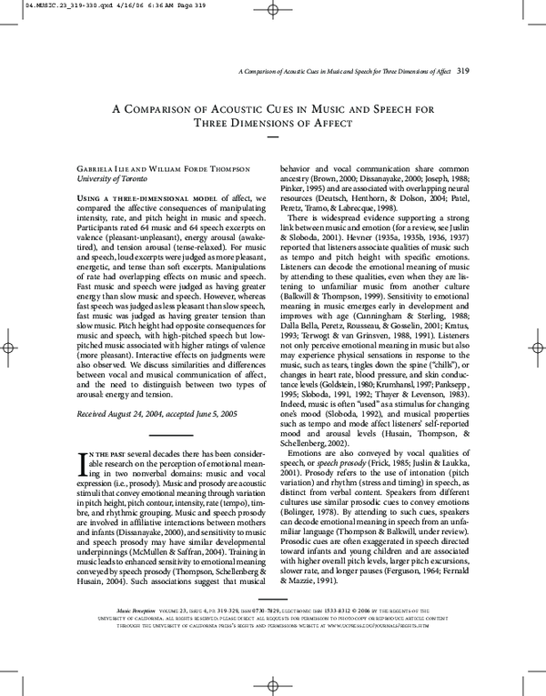 (PDF) A Comparison of Acoustic Cues in Music and Speech for Three ...
