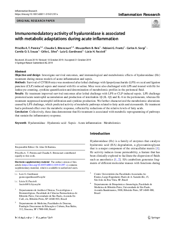 Immunomodulatory activity of hyaluronidase is associated with metabolic adaptations during acute inflammation