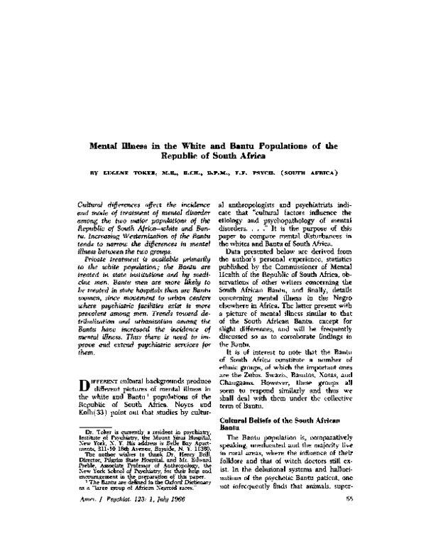 (PDF) Mental Illness in the White and Bantu Populations of the Republic ...