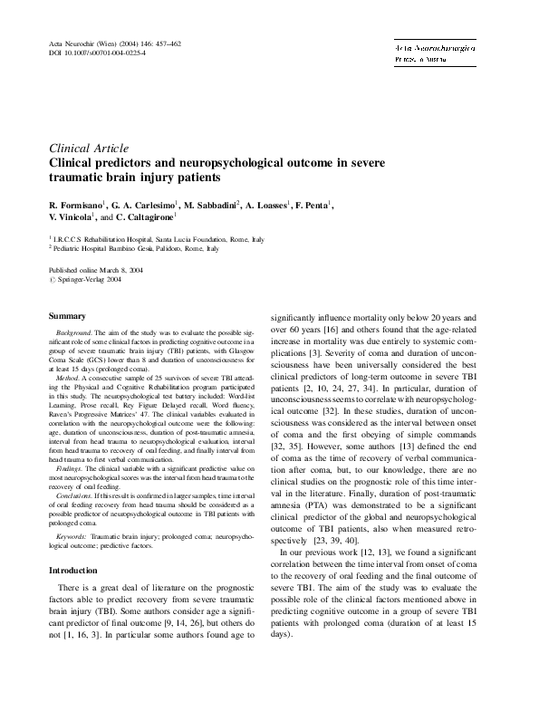 (PDF) Clinical predictors and neuropsychological outcome in severe ...