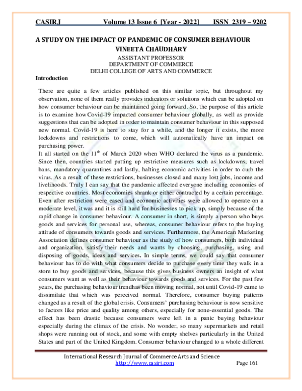 (PDF) A STUDY ON THE IMPACT OF PANDEMIC OF CONSUMER BEHAVIOUR
