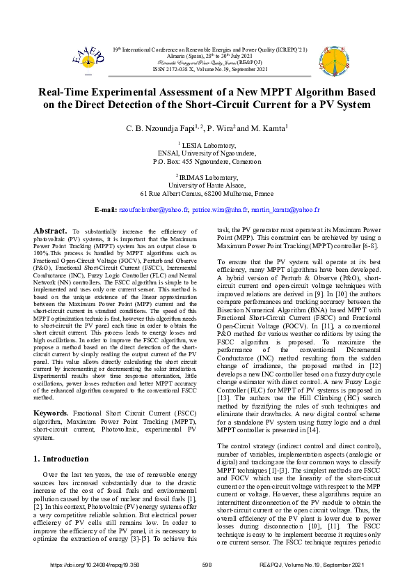 (PDF) Real-Time Experimental Assessment of a New MPPT Algorithm Based ...