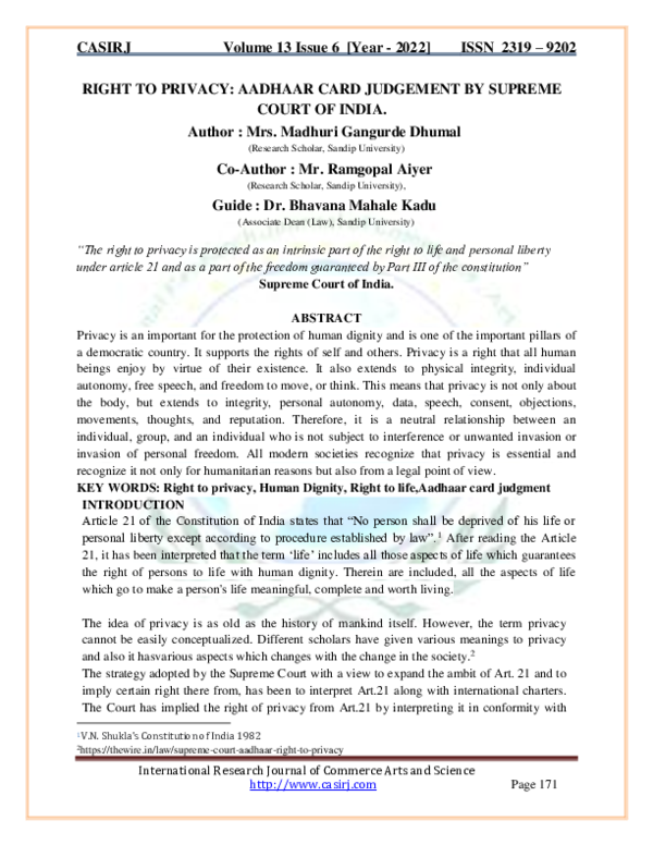 (PDF) RIGHT TO PRIVACY: AADHAAR CARD JUDGEMENT BY SUPREME COURT OF INDIA