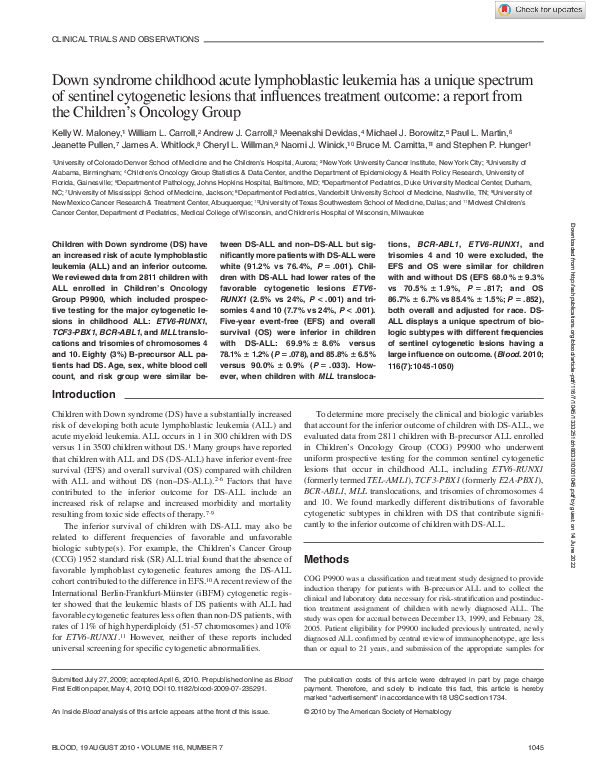 (PDF) Down syndrome childhood acute lymphoblastic leukemia has a unique ...
