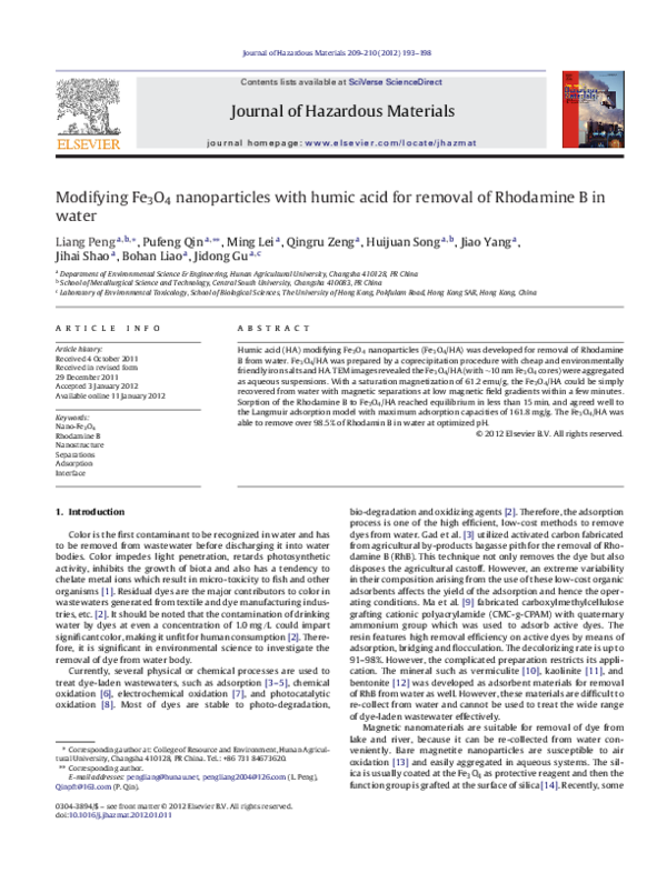 (PDF) Modifying Fe3O4 nanoparticles with humic acid for removal of ...