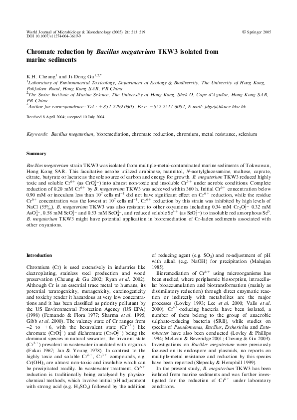 (PDF) Chromate reduction by Bacillus megaterium TKW3 isolated from ...