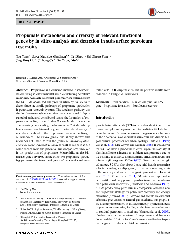 (PDF) Propionate metabolism and diversity of relevant functional genes ...