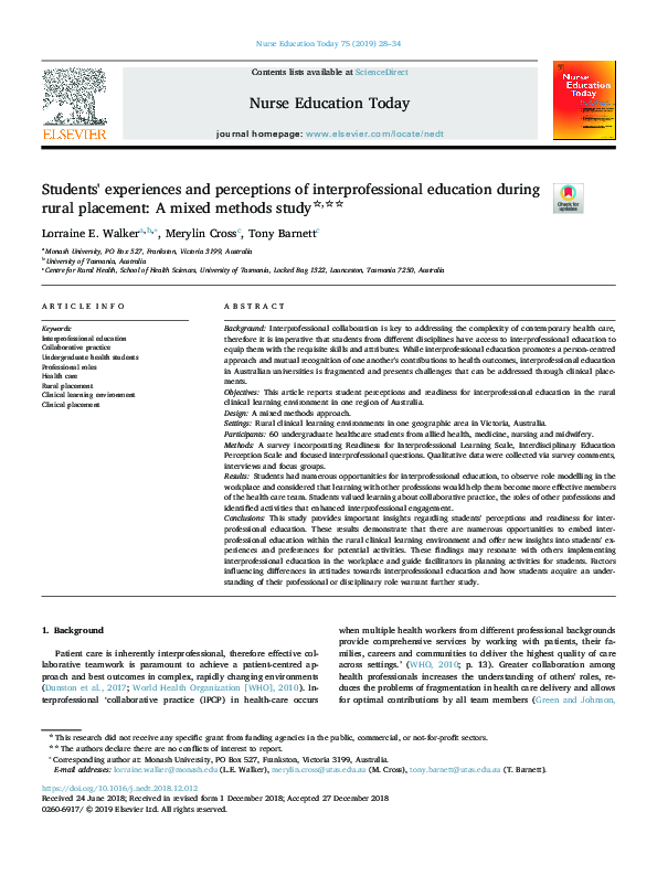 (PDF) Students' experiences and perceptions of interprofessional ...