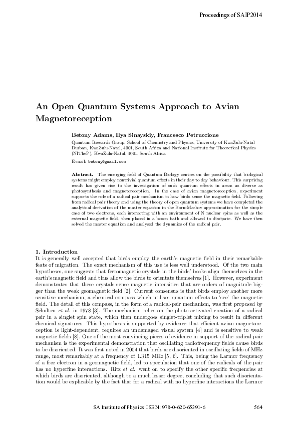 (PDF) An Open Quantum Systems Approach to Avian Magnetoreception