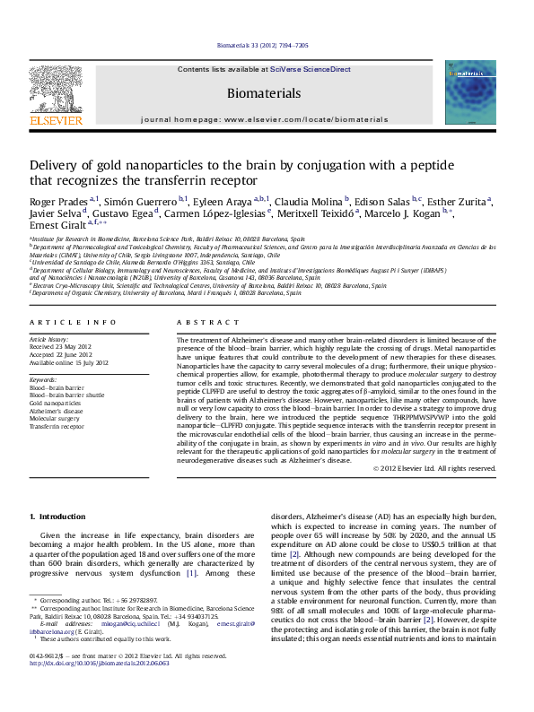 (PDF) Delivery of gold nanoparticles to the brain by conjugation with a ...