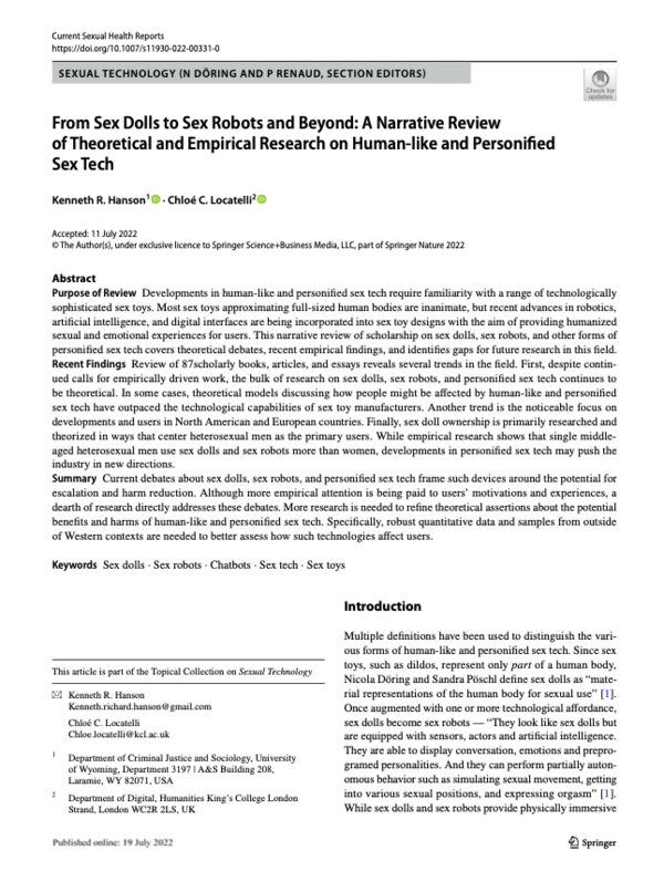 PDF) From Sex Dolls to Sex Robots and Beyond: A Narrative Review of  Theoretical and Empirical Research on Human‐like and Personified Sex Tech