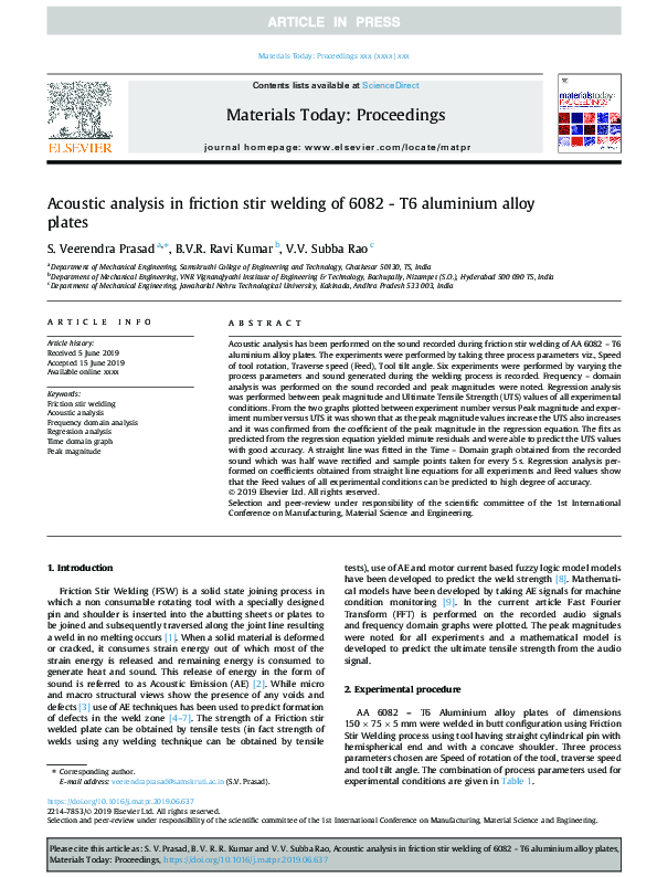 (PDF) Acoustic analysis in friction stir welding of 6082 - T6 aluminium ...