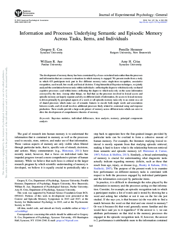 (PDF) Information and processes underlying semantic and episodic memory ...