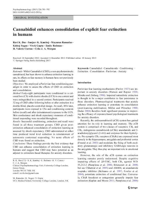(PDF) Cannabidiol enhances consolidation of explicit fear extinction in ...