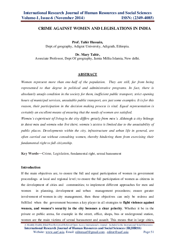 (PDF) Crime Against Women and Legislations in India