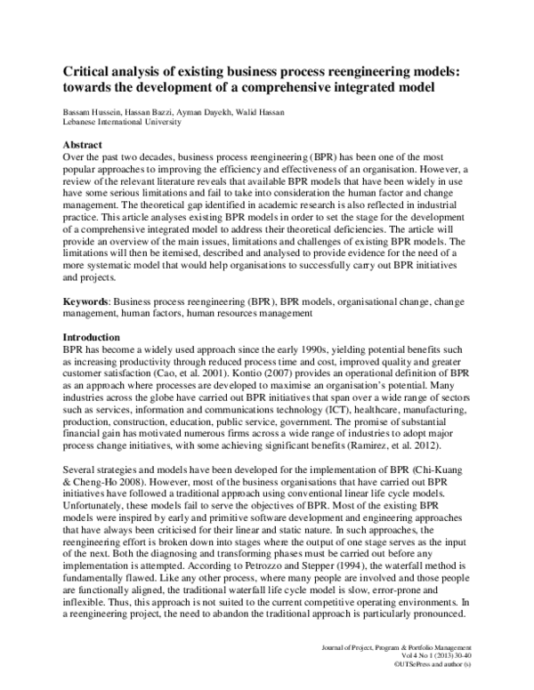 (PDF) Critical analysis of existing business process reengineering ...