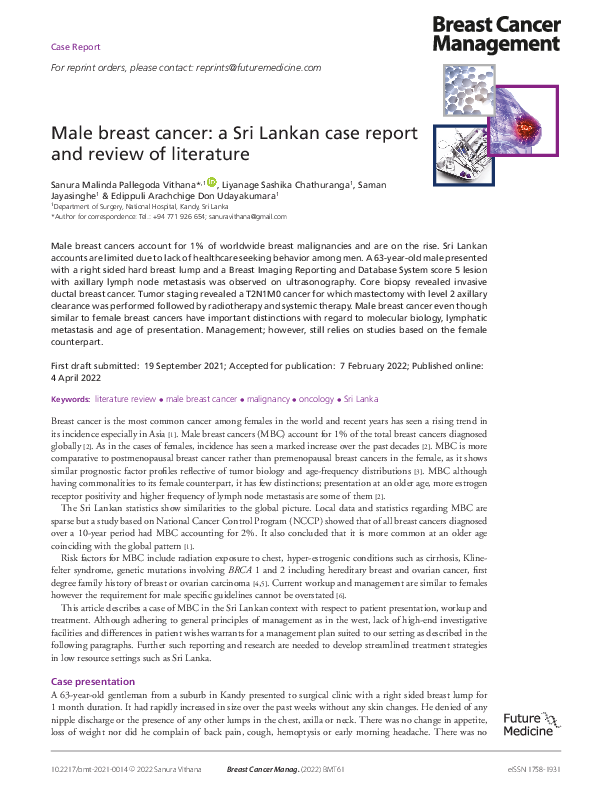 (PDF) Male breast cancer: a Sri Lankan case report and review of literature