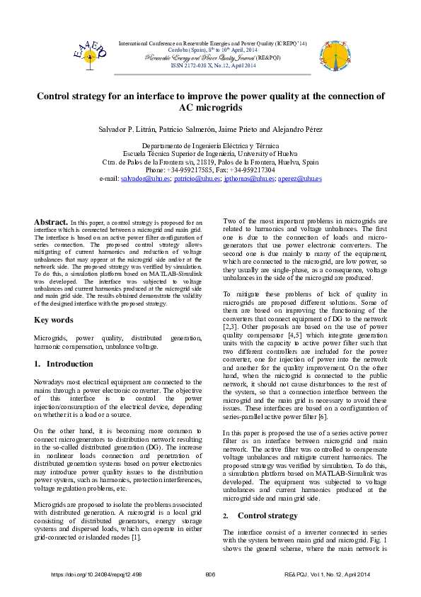 (PDF) Control strategy for an interface to improve the power quality at ...