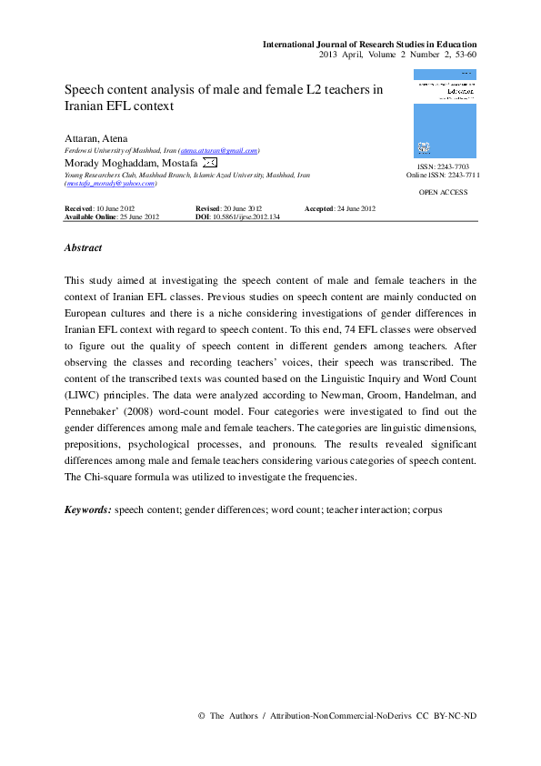 (PDF) Speech content analysis of male and female L2 teachers in Iranian ...