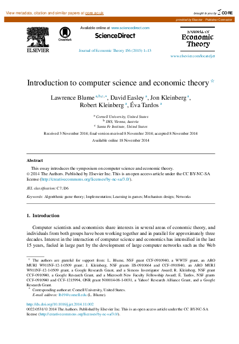 (PDF) Introduction to computer science and economic theory