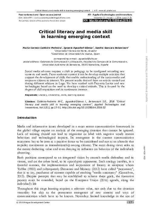 (PDF) Critical literacy and media skill in learning emerging contexts