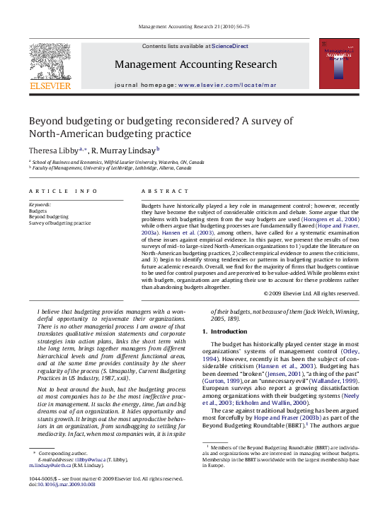 (PDF) Beyond budgeting or budgeting reconsidered? A survey of North ...