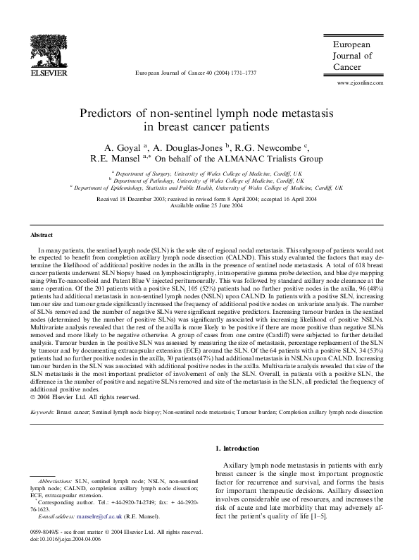 (PDF) Predictors of non-sentinel lymph node metastasis in breast cancer ...